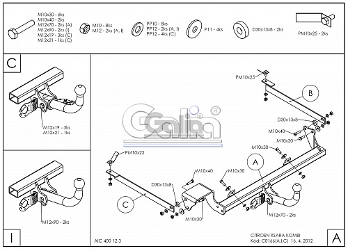 Фаркоп оцинкованный Galia C016A для Citroen XSARA 1998-2005