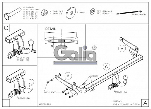 Фаркоп оцинкованный Galia M132A для Mazda 3 хетчбек 2014-