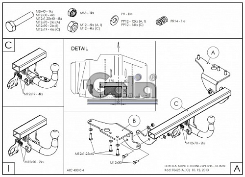 Фаркоп оцинкованный Galia T062A для Toyota Auris универсал 2013-