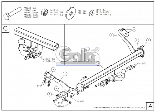 Фаркоп оцинкованный Galia C062С для Peugeot Partner II 2008-, Citroen Berlingo II 2008-