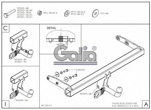 Фаркоп оцинкованный Galia V084A для Volvo XC70 2007-2016