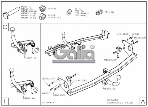 Фаркоп оцинкованный Galia K038A для Kia Carens 2013-